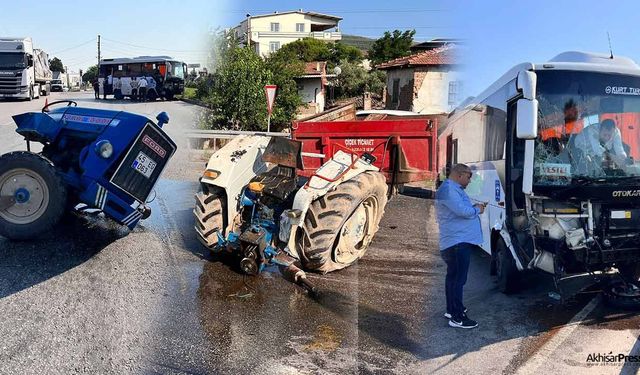 Akhisar'da işçi servisi ile traktör çarpıştı! Traktör ikiye bölündü!